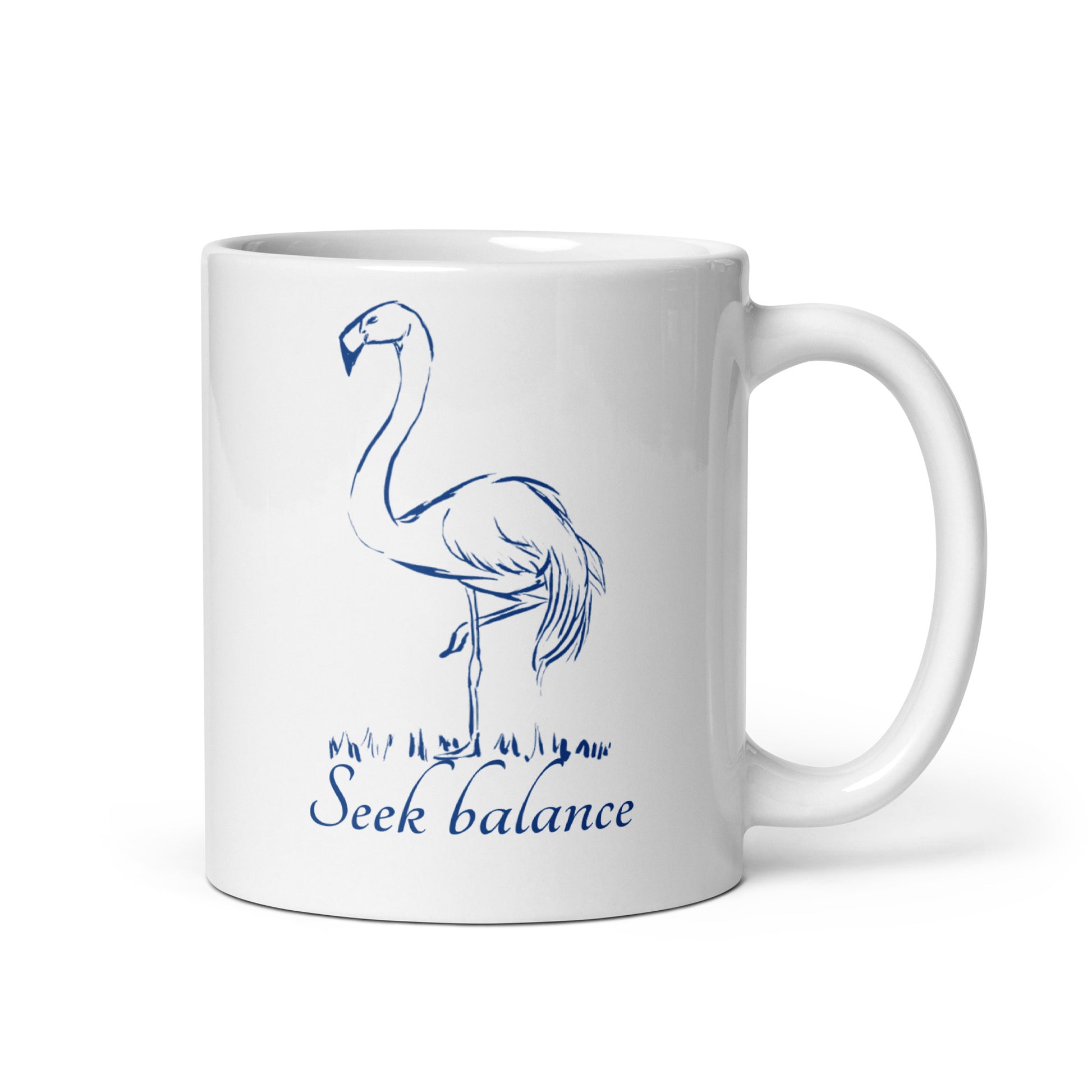 Balancing flamingo hand-drawn art white ceramic mug left view