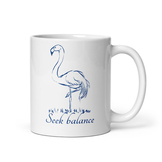 Balancing flamingo hand-drawn art white ceramic mug left view