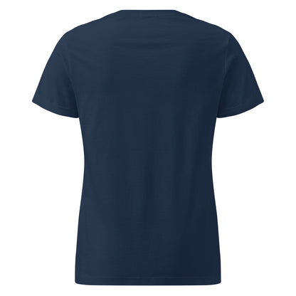 Balancing flamingo hand-drawn art women's navy blue t-shirt back view by Briseis Gifts