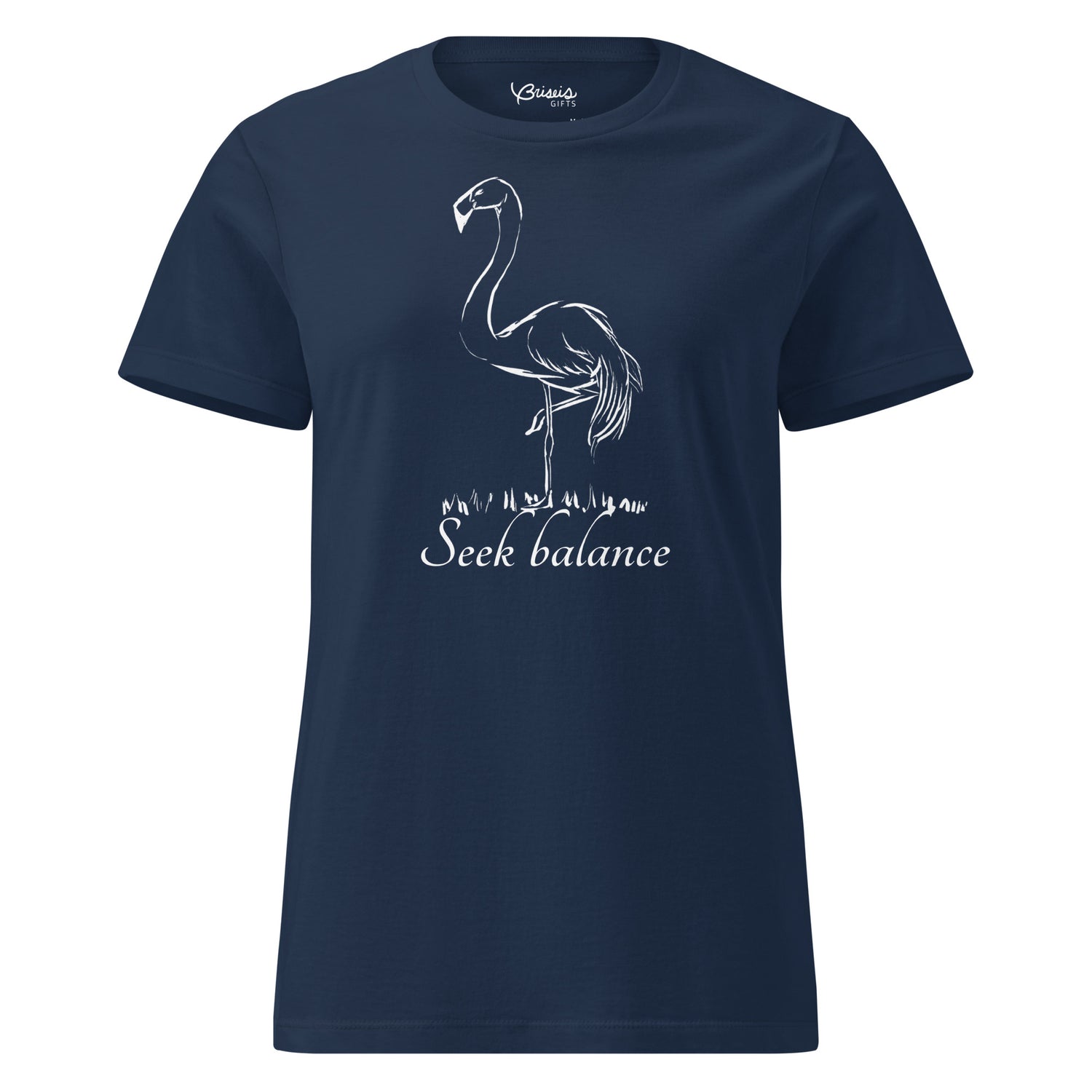 Balancing flamingo hand-drawn art women's navy blue t-shirt front view by Briseis Gifts