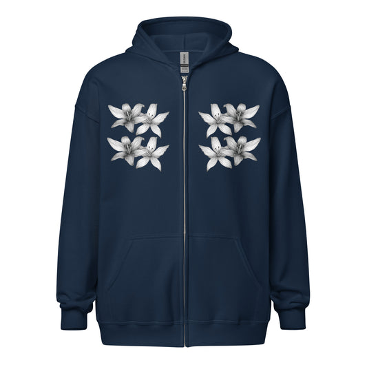 Floral design hand-drawn art blue zip hoodie front view