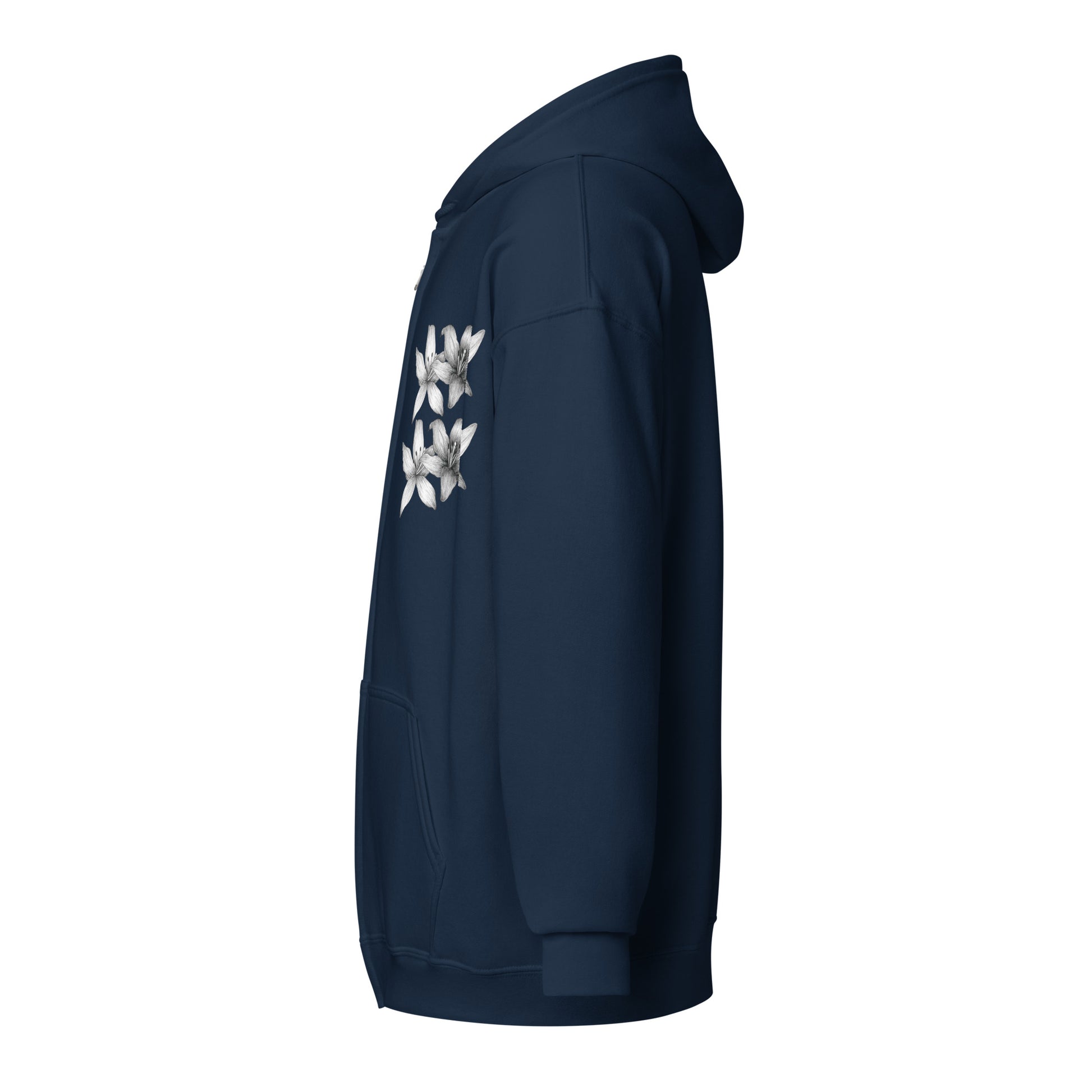 Floral design hand-drawn art blue zip hoodie left view