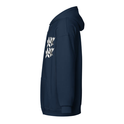 Floral design hand-drawn art blue zip hoodie left view