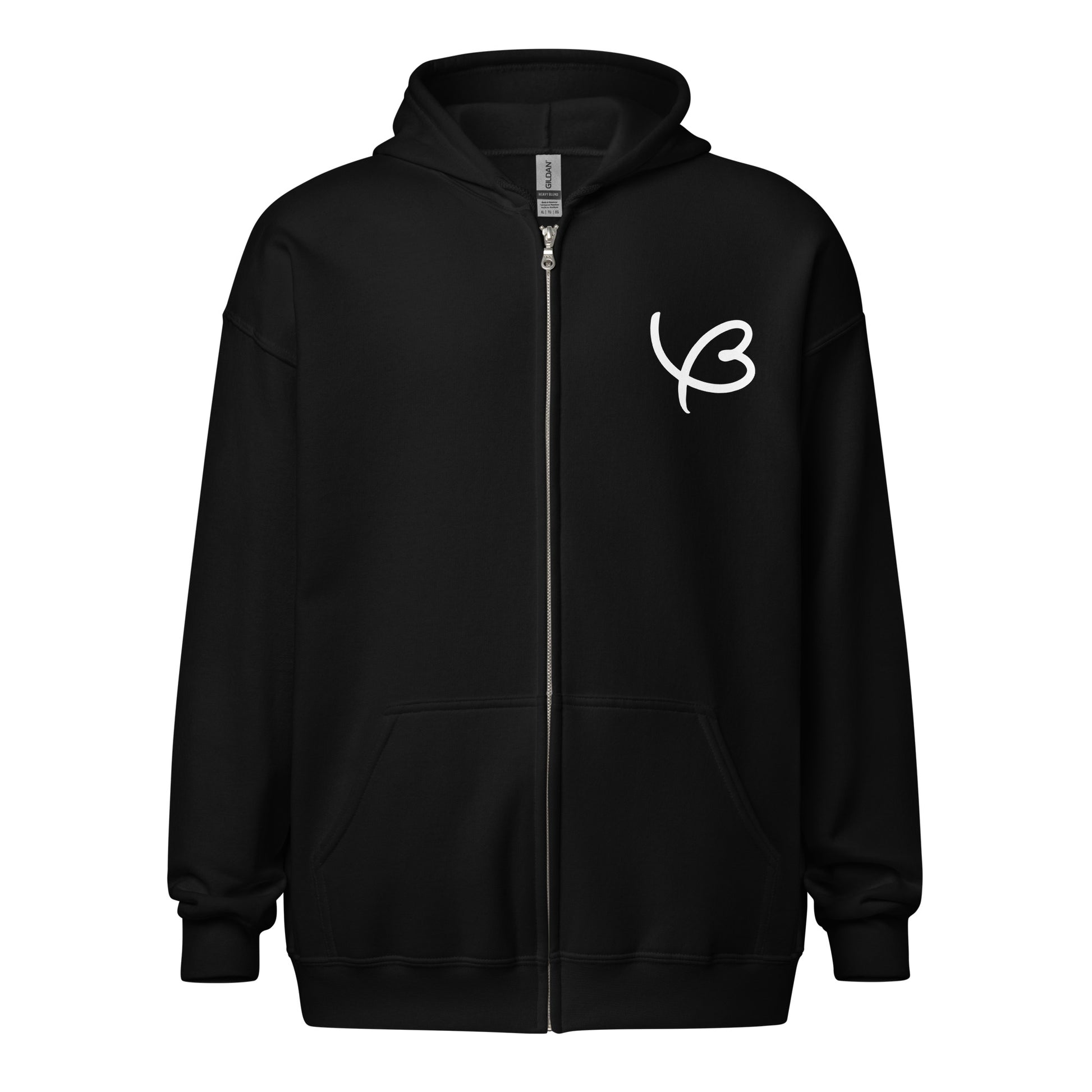 Heart design hand-drawn art black zip hoodie front view