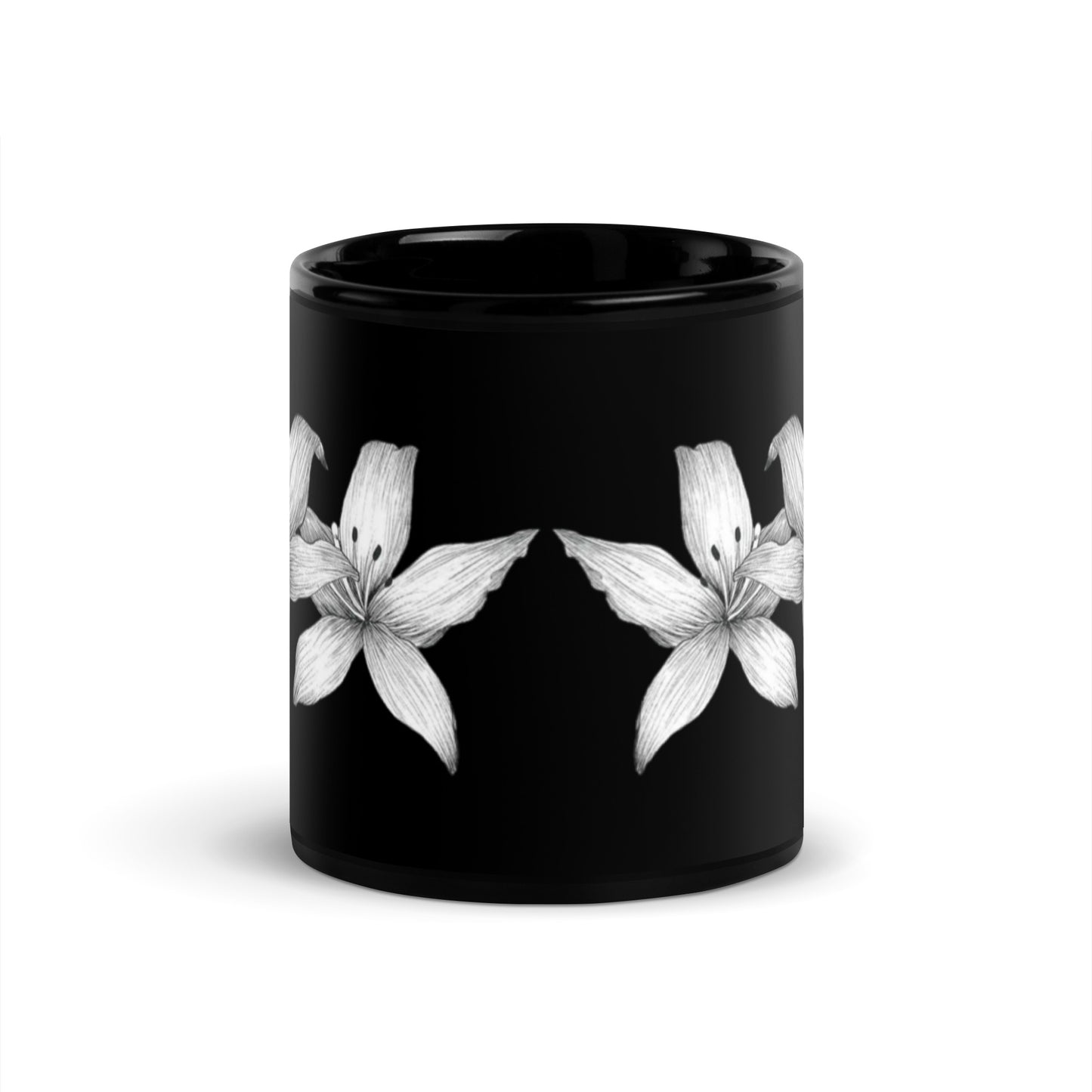 Intricate floral hand-drawn art black ceramic mug, front, by Briseis Gifts