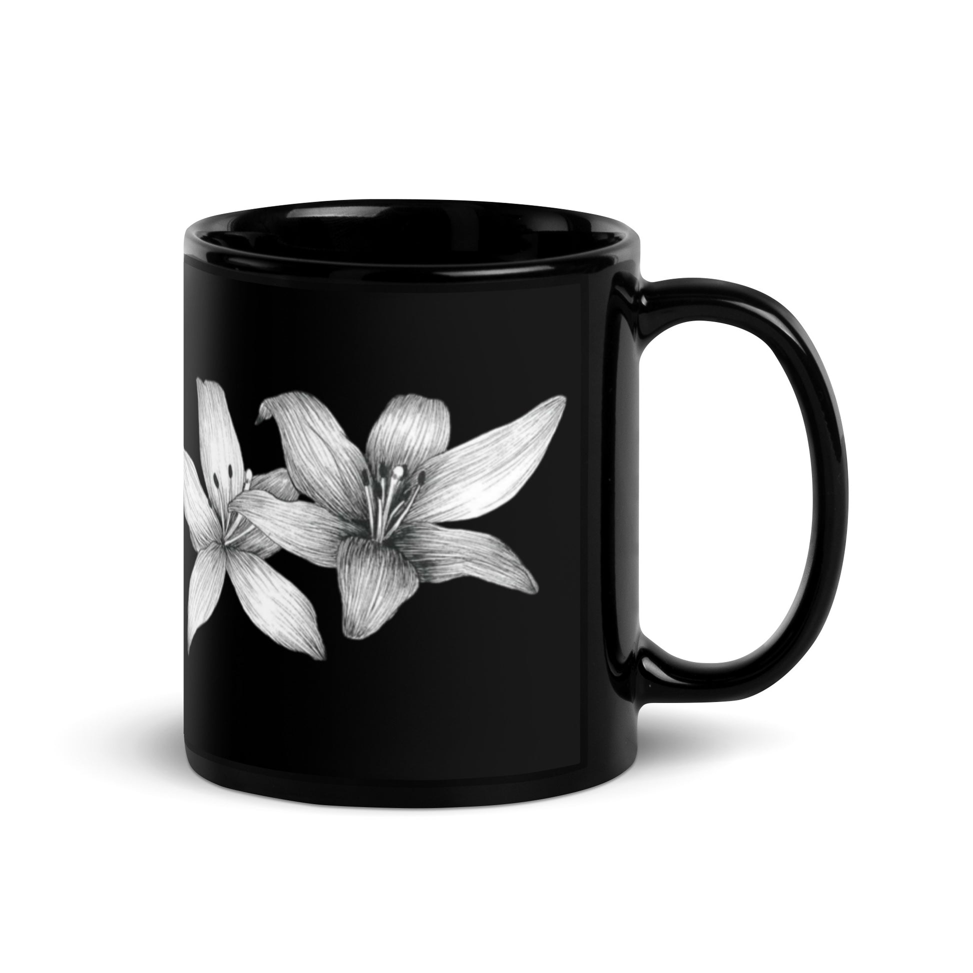 Intricate floral hand-drawn art black ceramic mug, left side, by Briseis Gifts