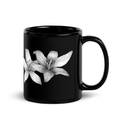 Intricate floral hand-drawn art black ceramic mug, left side, by Briseis Gifts