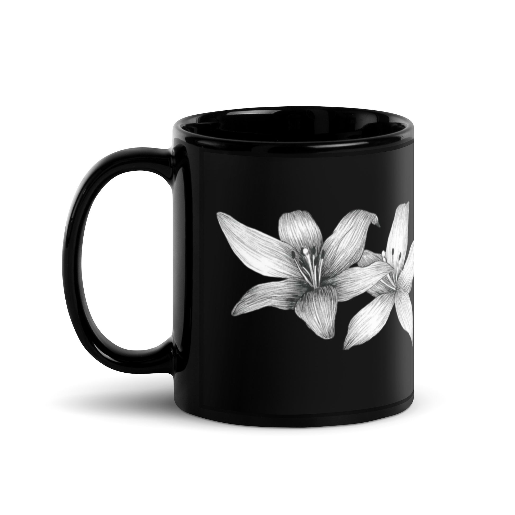 Intricate floral hand-drawn art black ceramic mug right side, by Briseis Gifts