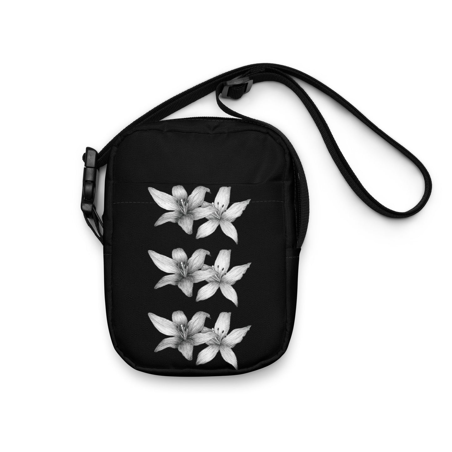 Intricate floral design hand-drawn art black crossbody bag front view, by Briseis Gifts