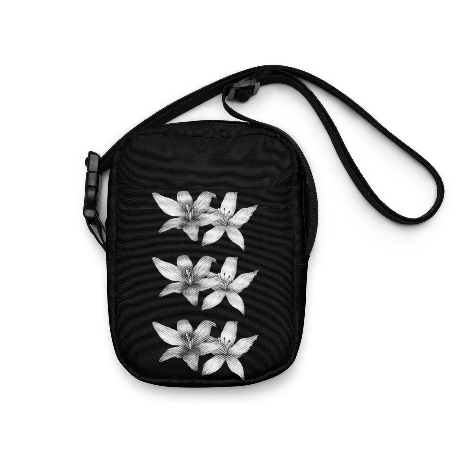 Intricate floral design hand-drawn art black crossbody bag front view, by Briseis Gifts