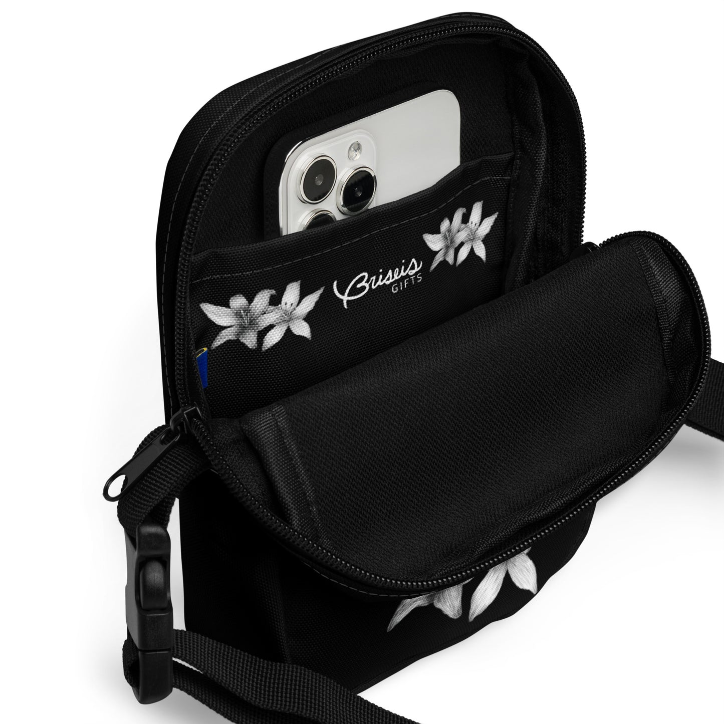 Intricate floral design hand-drawn art black crossbody bag inside view, by Briseis Gifts