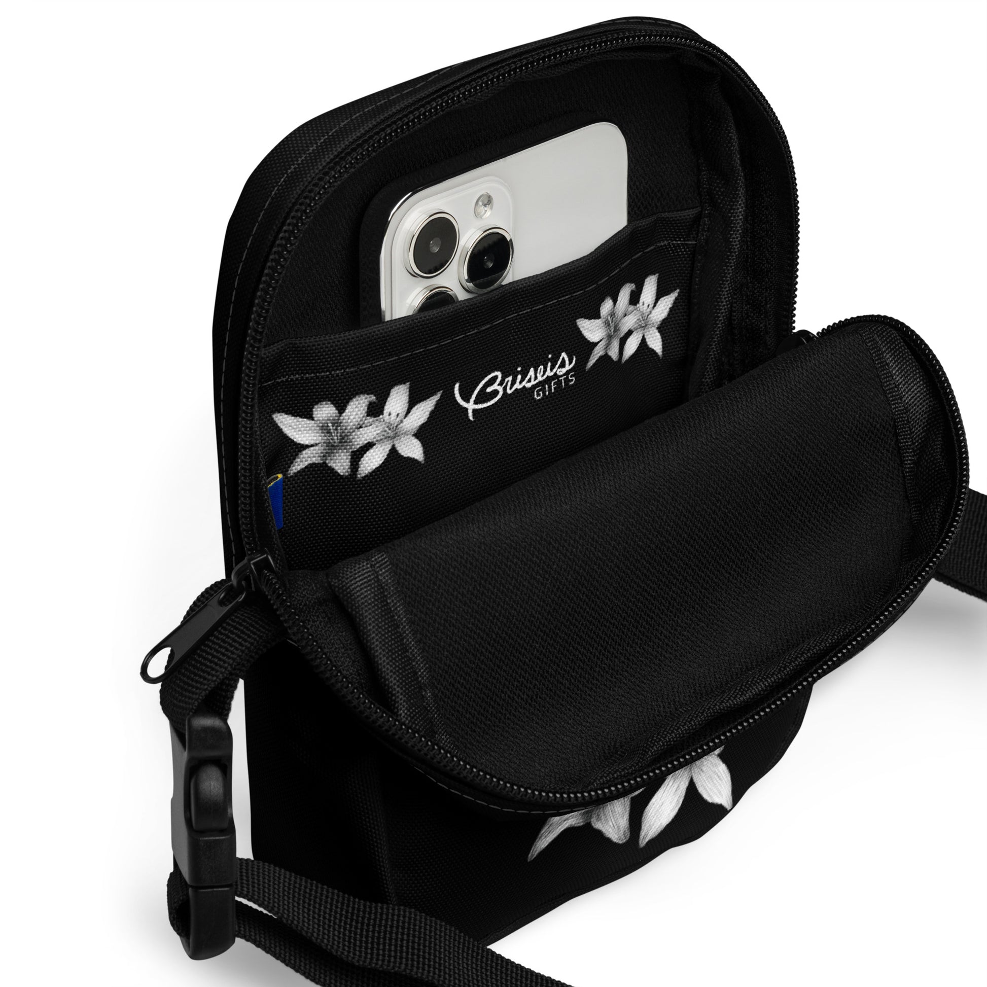 Intricate floral design hand-drawn art black crossbody bag inside view, by Briseis Gifts