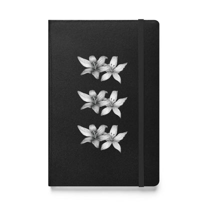 Intricate floral design hand-drawn art black notebook journal front view, by Briseis Gifts