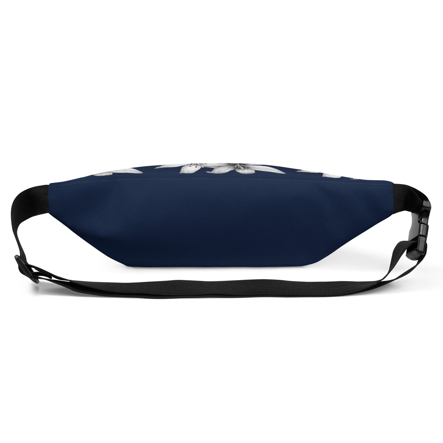Intricate floral design hand-drawn art navy blue fanny pack back view, by Briseis Gifts
