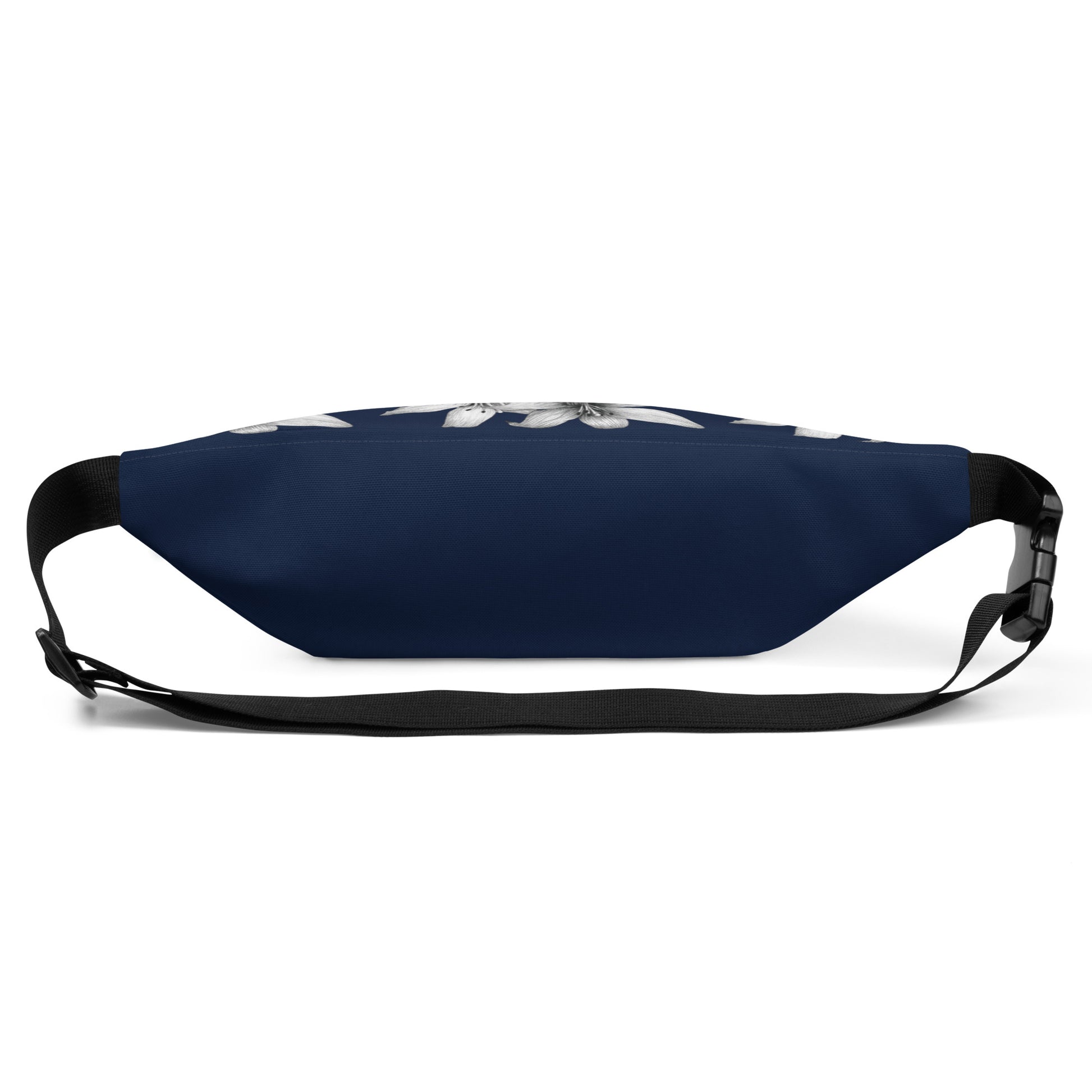 Intricate floral design hand-drawn art navy blue fanny pack back view, by Briseis Gifts