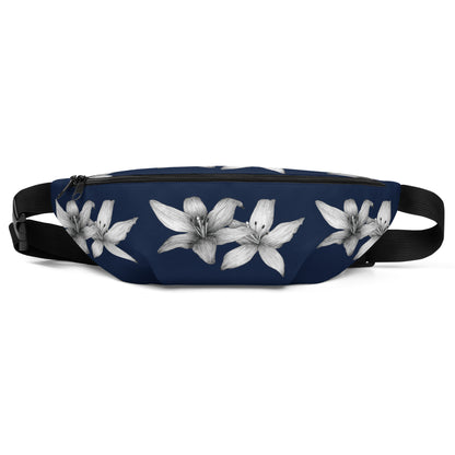 Intricate floral design hand-drawn art navy blue fanny pack front view, by Briseis Gifts
