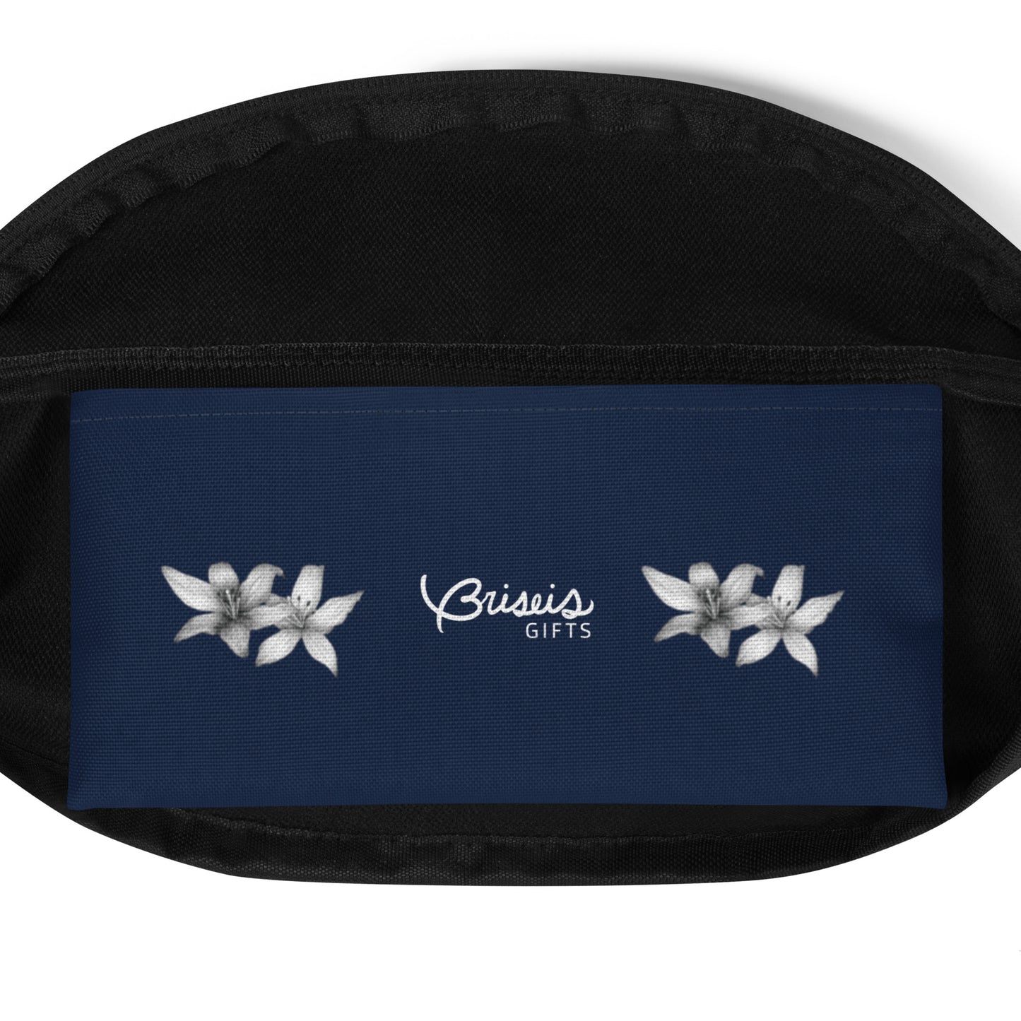 Intricate floral design hand-drawn art navy blue fanny pack inside pocket, by Briseis Gifts