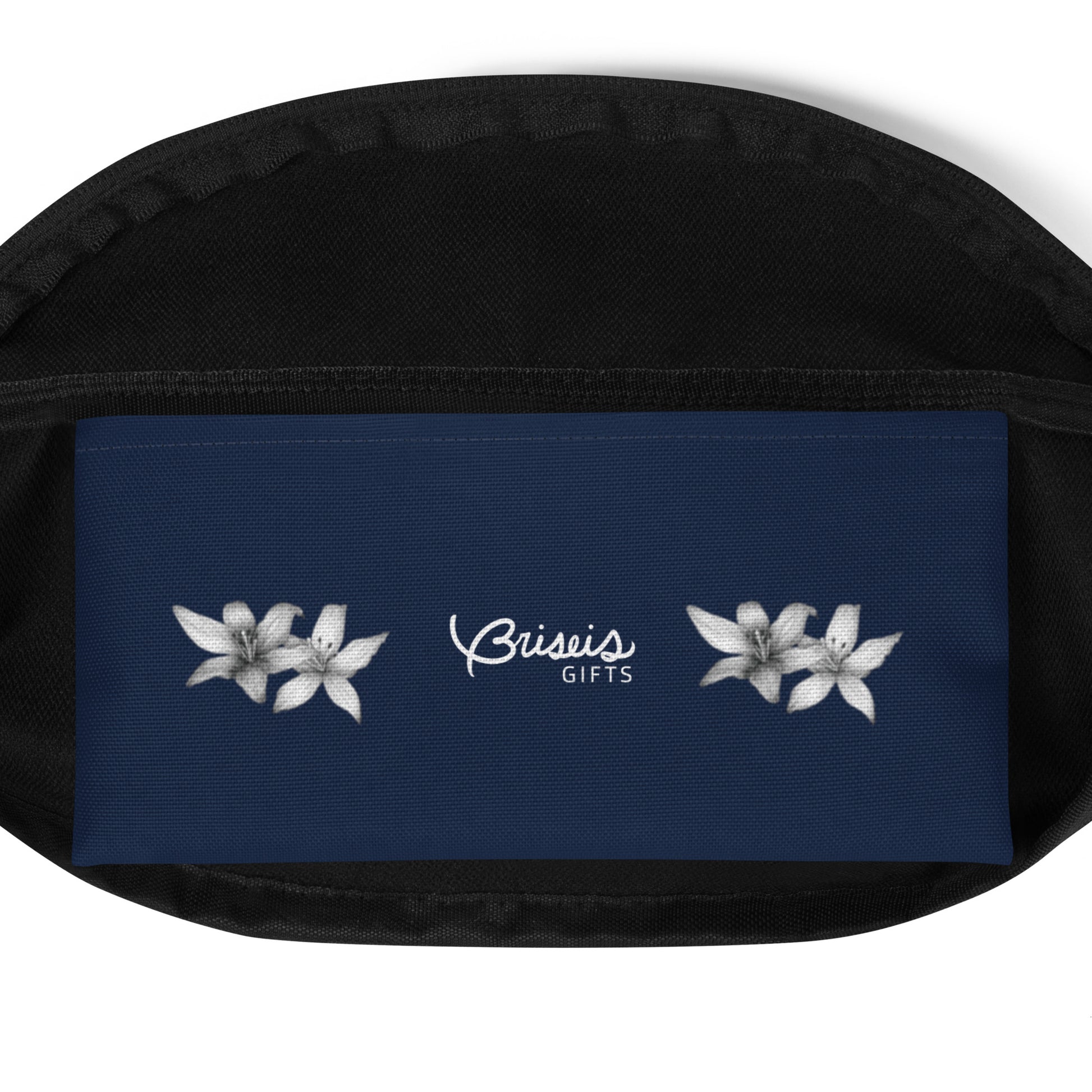 Intricate floral design hand-drawn art navy blue fanny pack inside pocket, by Briseis Gifts