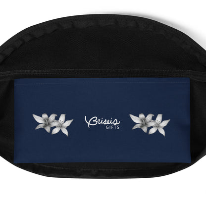 Intricate floral design hand-drawn art navy blue fanny pack inside pocket, by Briseis Gifts