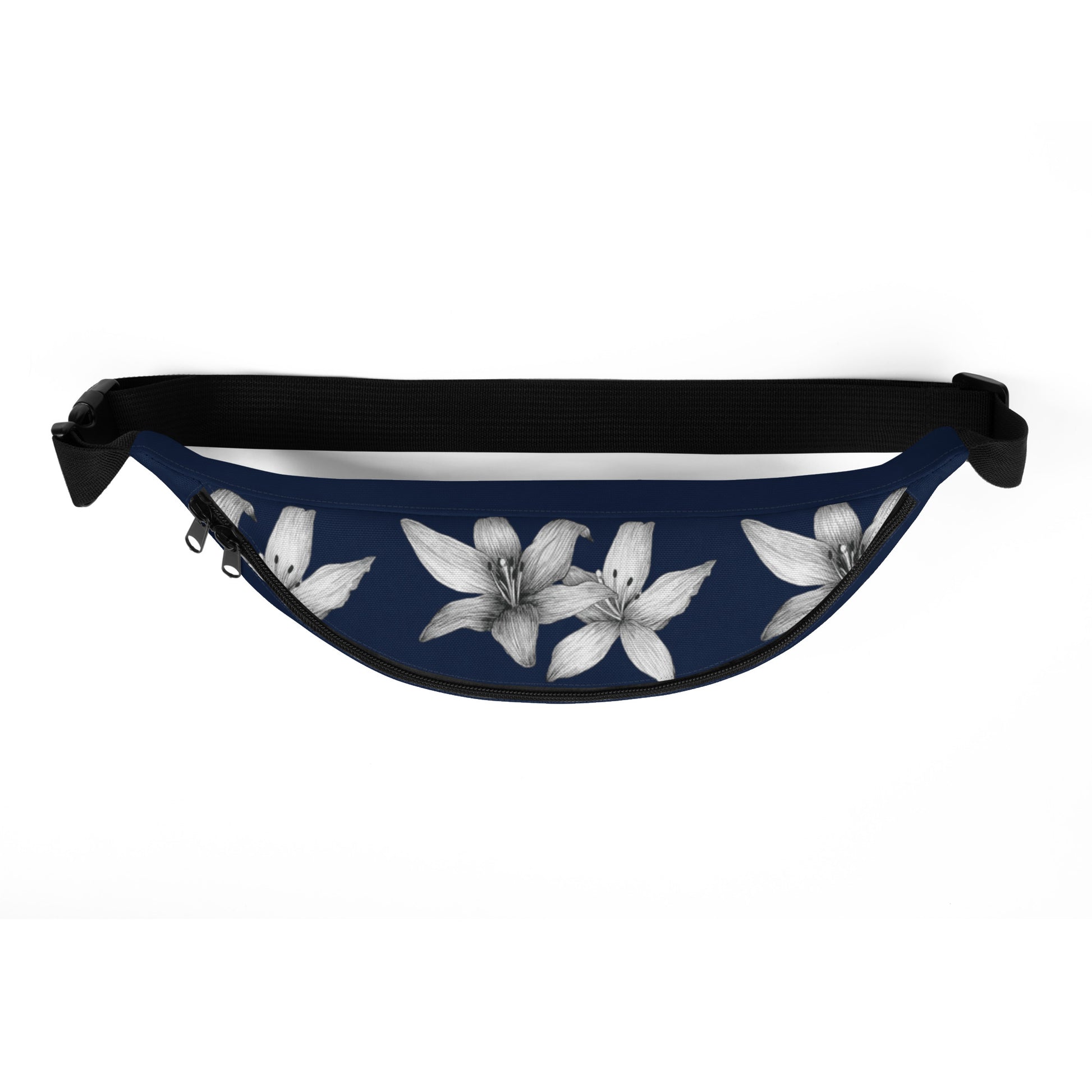 Intricate floral design hand-drawn art navy blue fanny pack top view, by Briseis Gifts