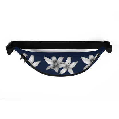 Intricate floral design hand-drawn art navy blue fanny pack top view, by Briseis Gifts