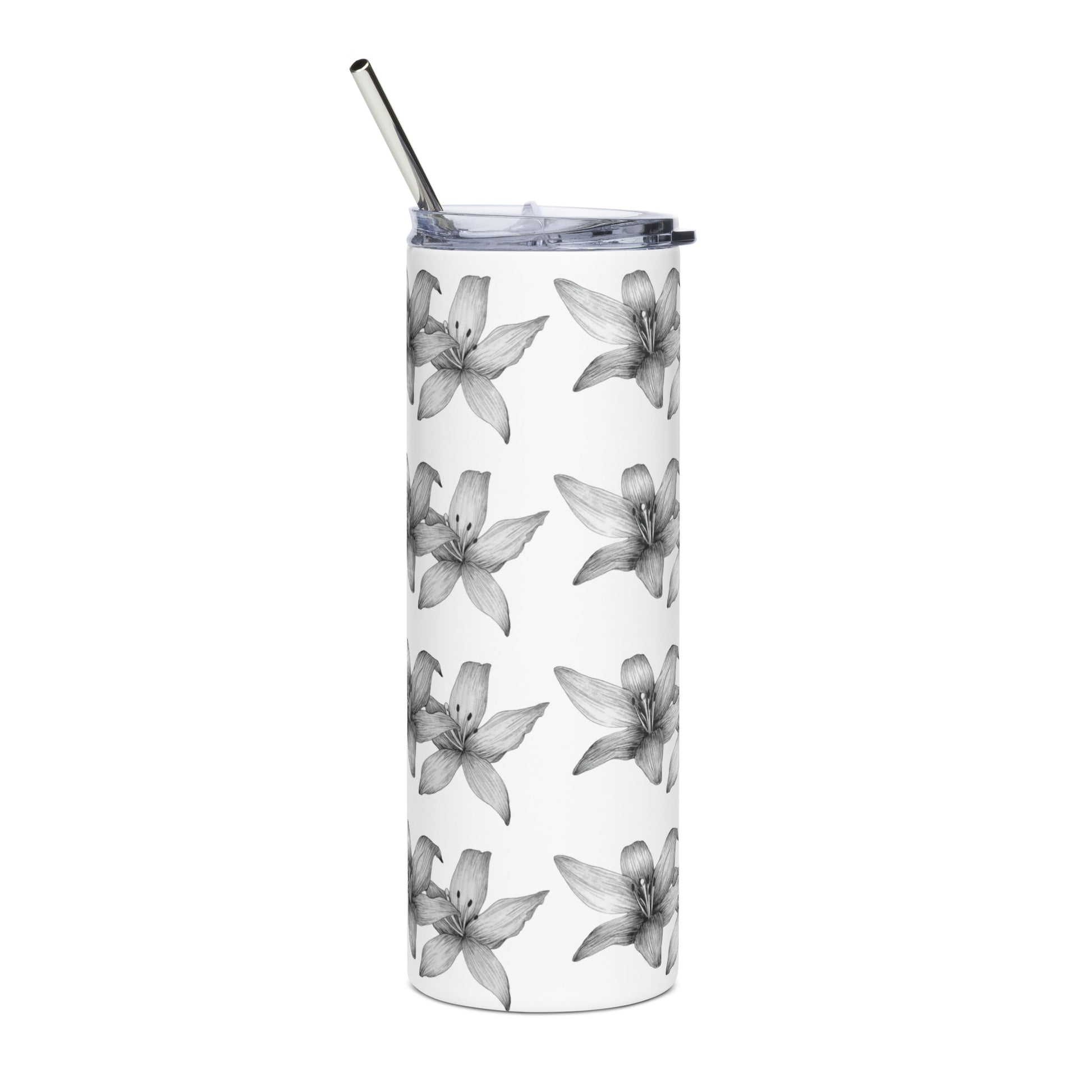 Intricate floral design hand-drawn art white stainless steel back view, by Briseis Gifts