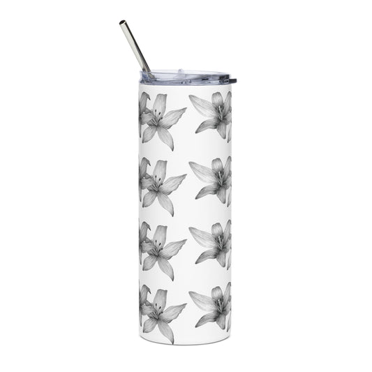 Intricate floral design hand-drawn art white stainless steel back view, by Briseis Gifts