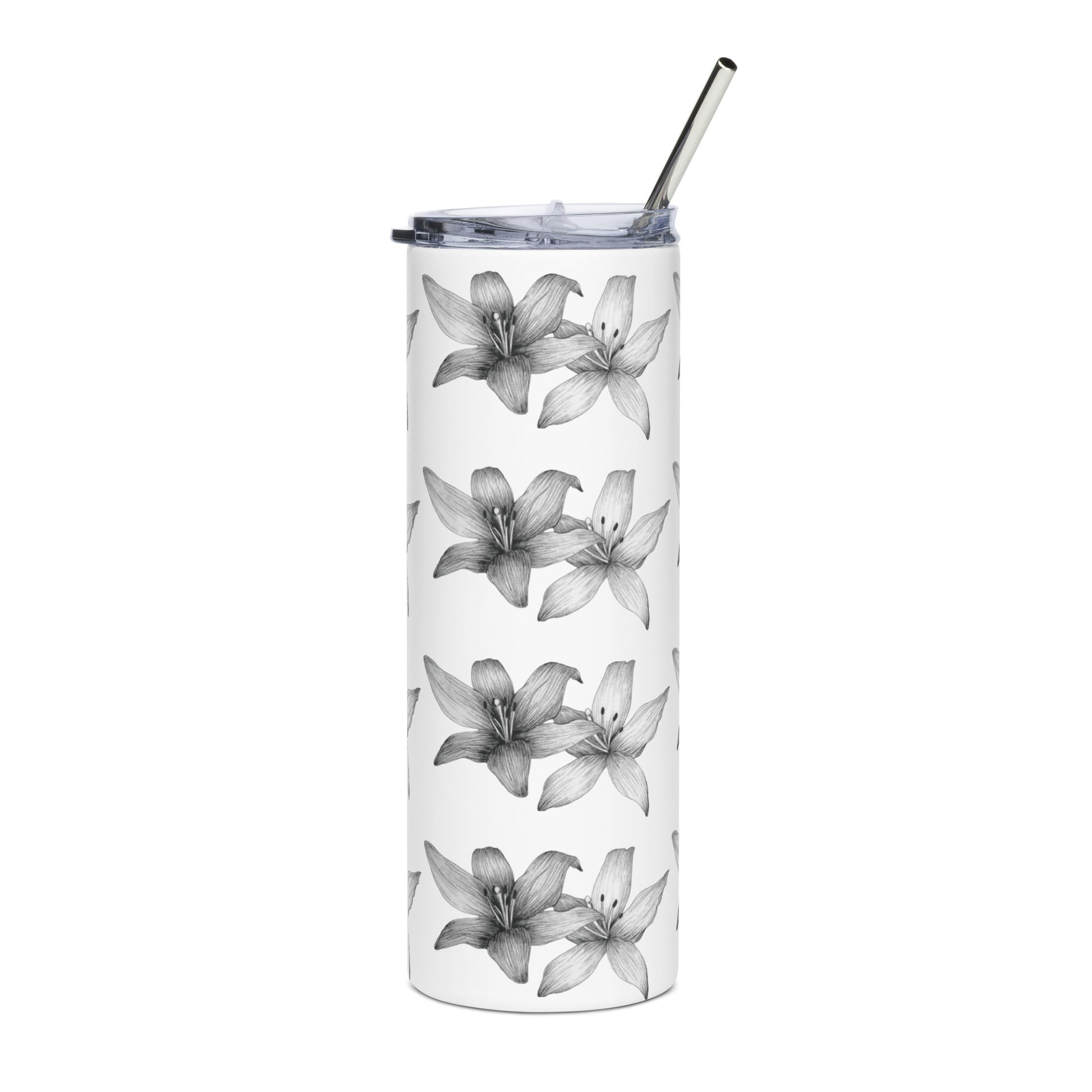 Intricate floral design hand-drawn art white stainless steel front view, by Briseis Gifts
