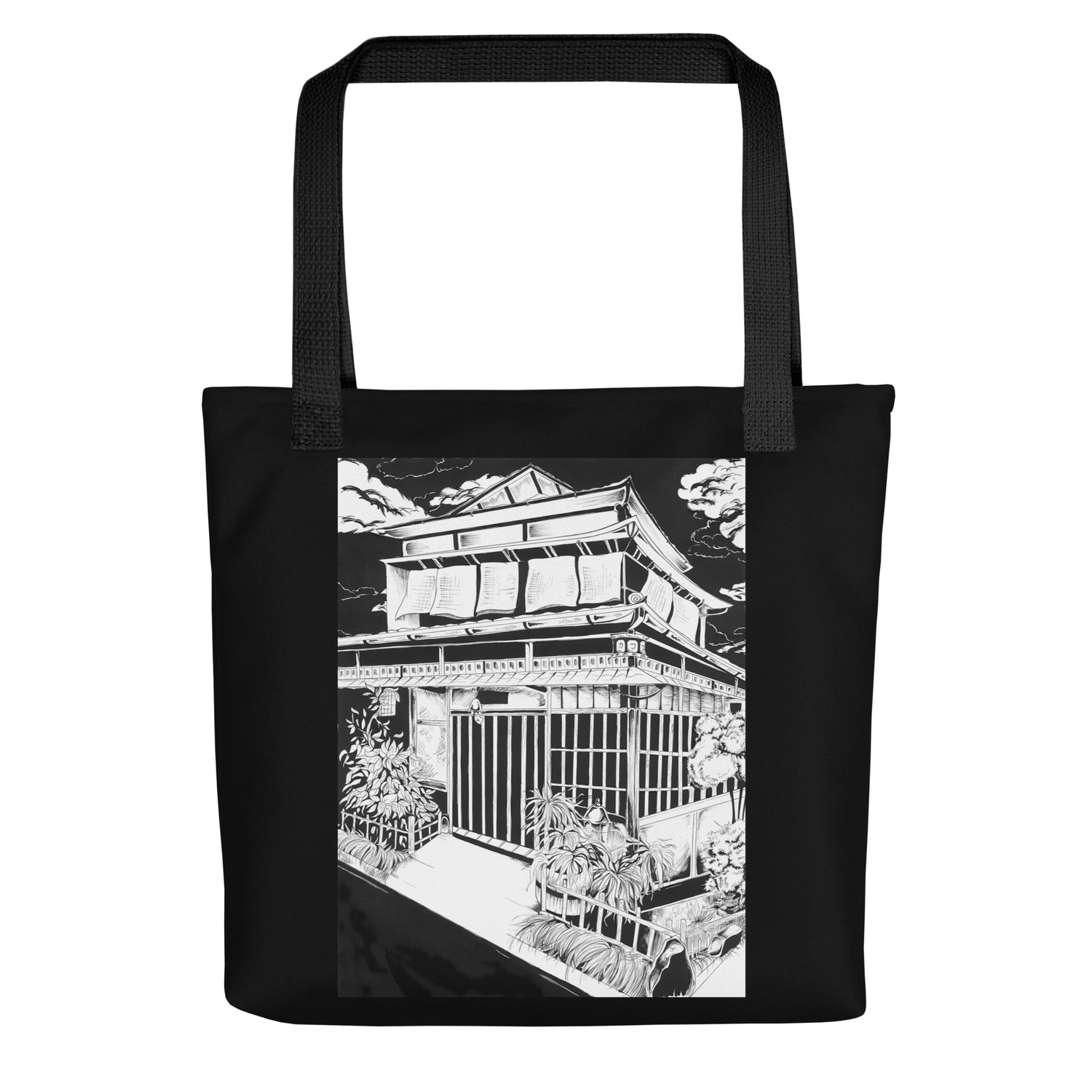 Japanese design hand-drawn art black lifestyle bag front view, by Briseis Gifts