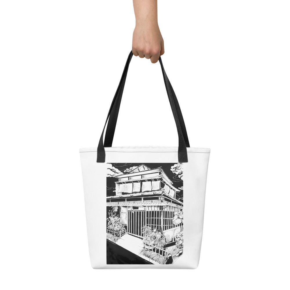 Japanese design hand-drawn art white lifestyle bag carried view, by Briseis Gifts