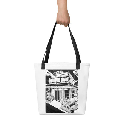 Japanese design hand-drawn art white lifestyle bag carried view, by Briseis Gifts