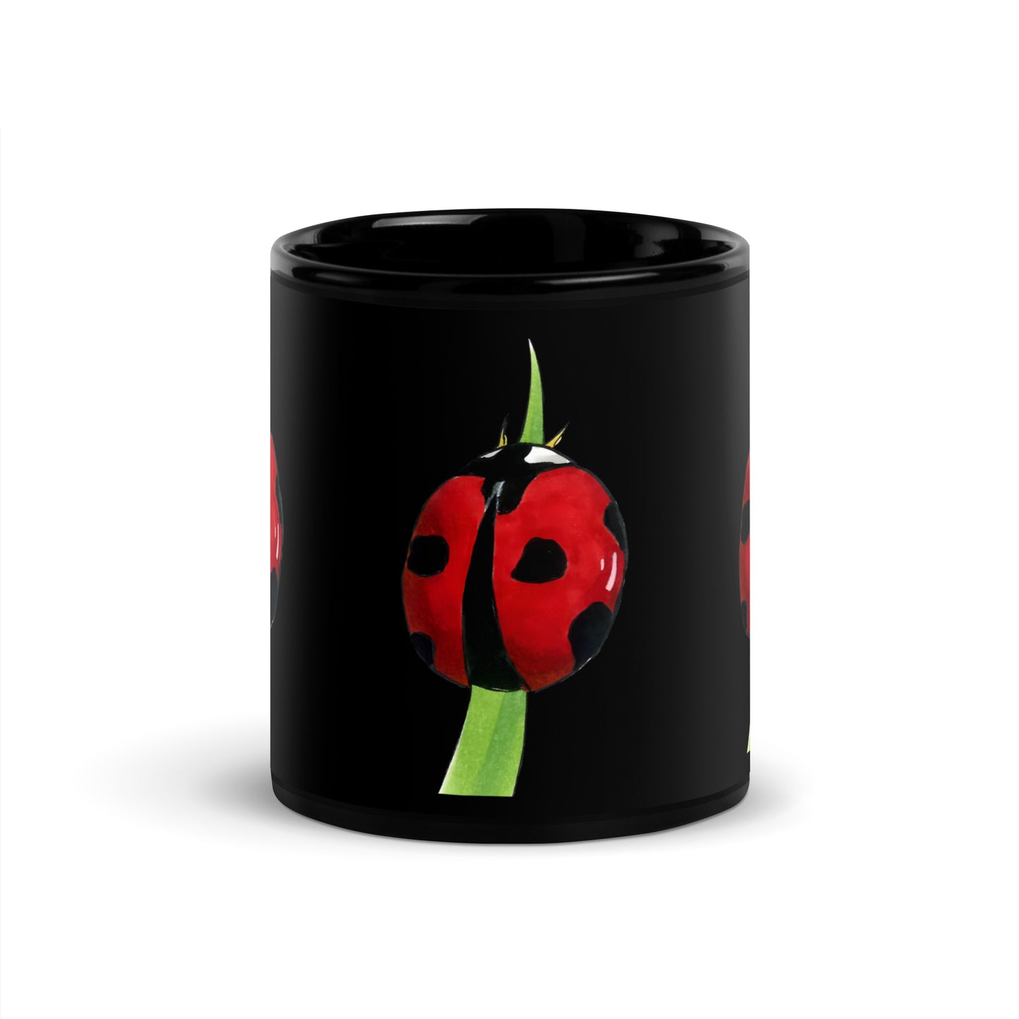 Ladybug design hand-drawn art black ceramic mug, front, by Briseis Gifts