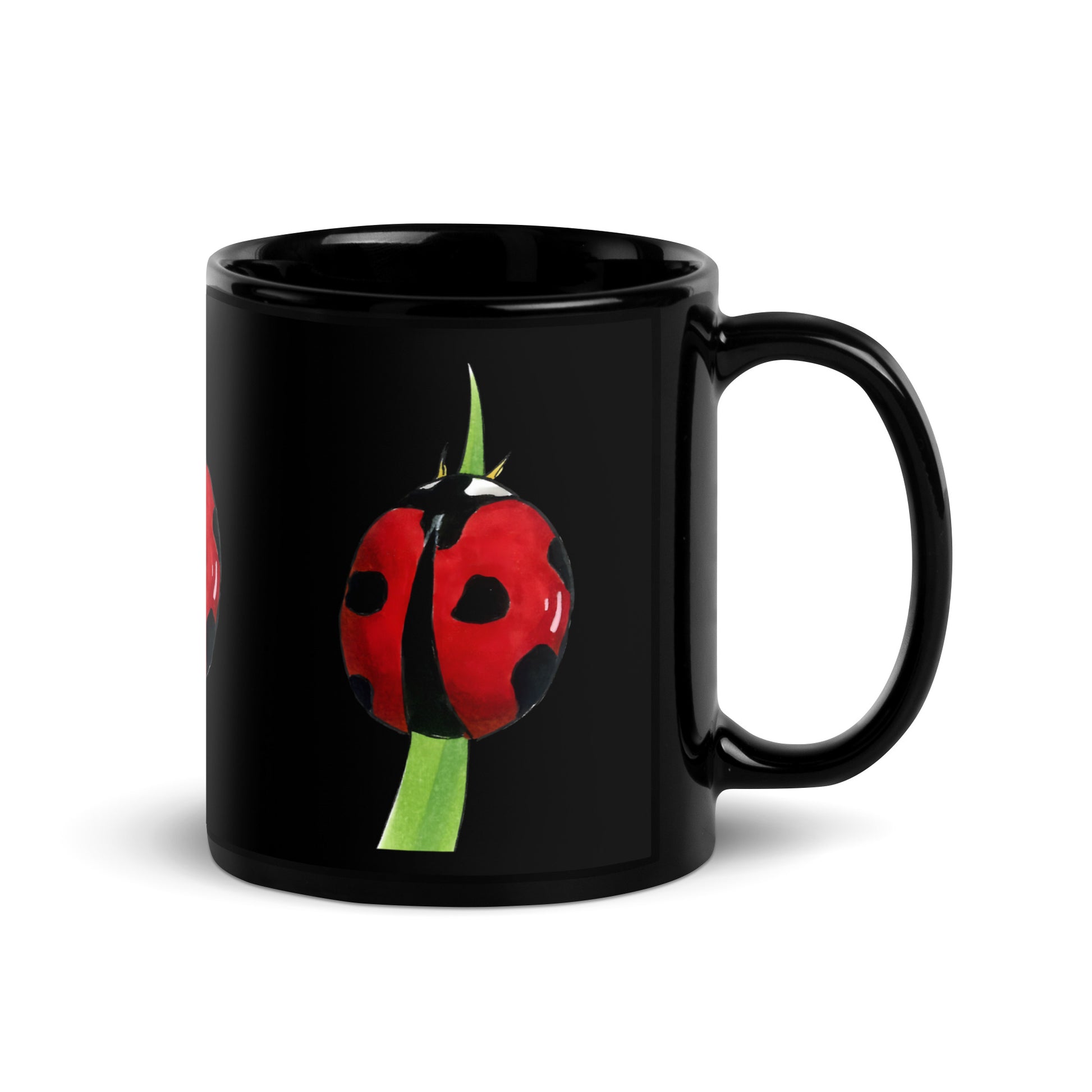Ladybug design hand-drawn art black ceramic mug, left side, by Briseis Gifts
