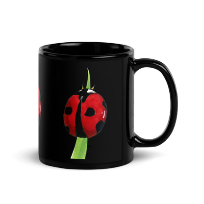 Ladybug design hand-drawn art black ceramic mug, left side, by Briseis Gifts