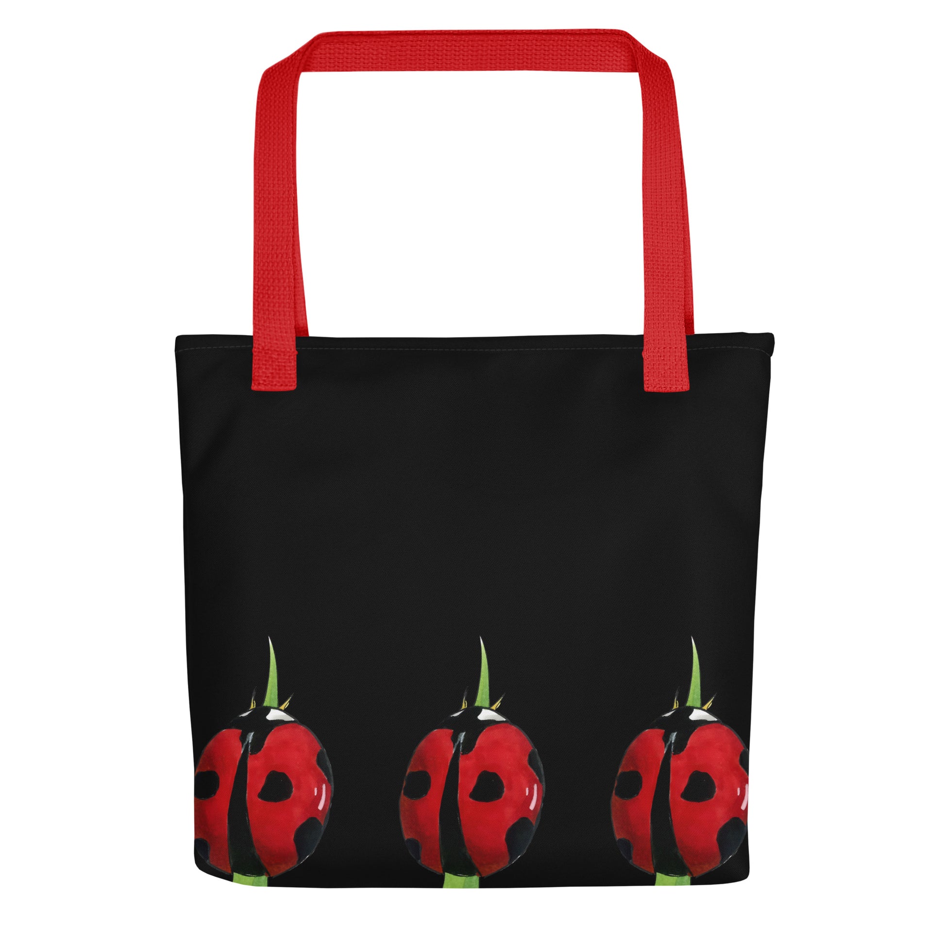Ladybug design hand-drawn art black lifestyle bag front view, by Briseis Gifts