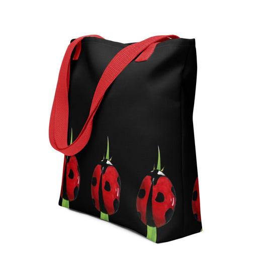 Ladybug design hand-drawn art black lifestyle bag side view, by Briseis Gifts