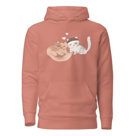 Snuggling love cats hand-drawn art dusty rose hoodie front view
