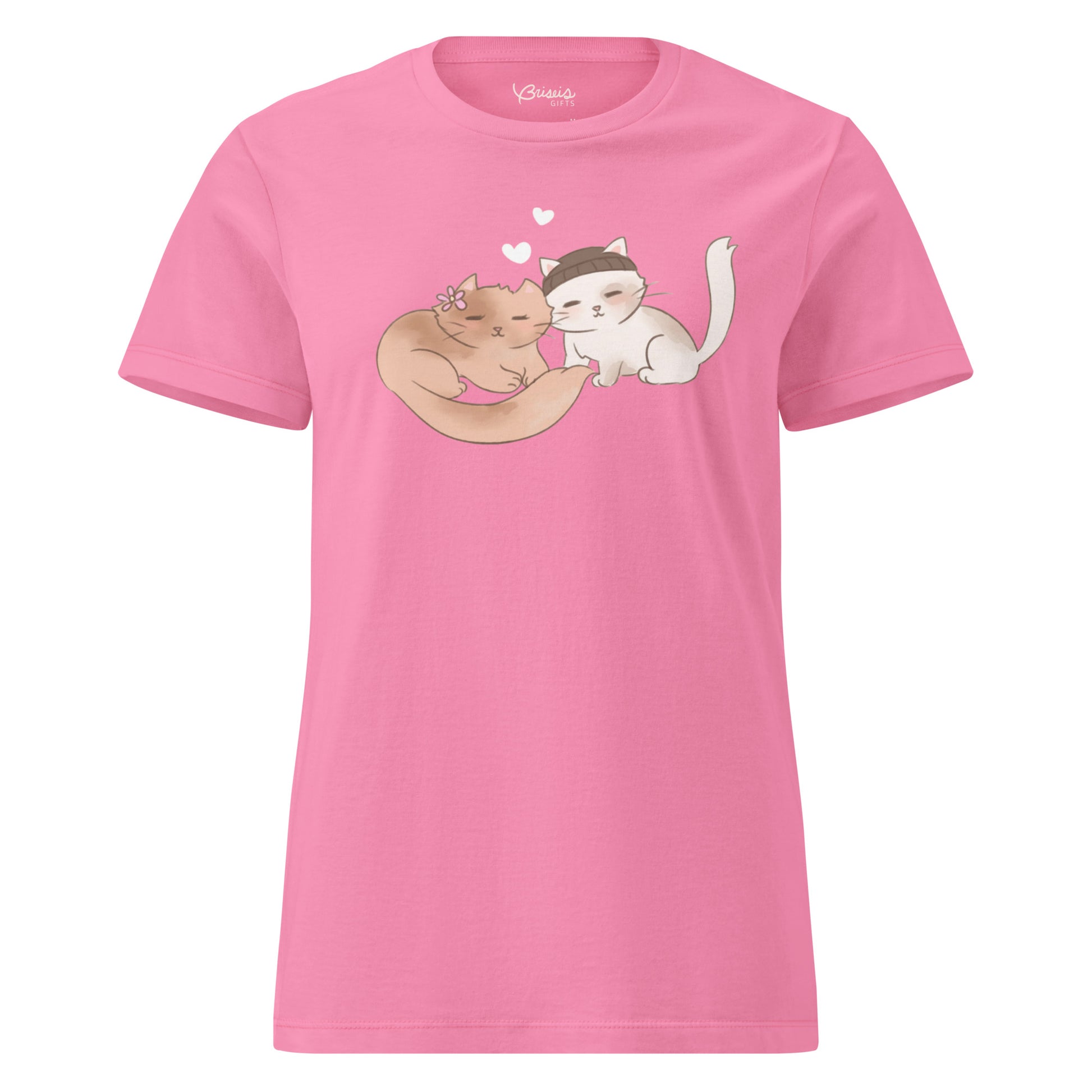 Snuggling love cats hand-drawn art women's pink t-shirt front view by Briseis Gifts
