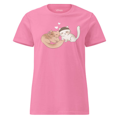 Snuggling love cats hand-drawn art women's pink t-shirt front view by Briseis Gifts