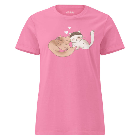 Snuggling love cats hand-drawn art women's pink t-shirt front view by Briseis Gifts