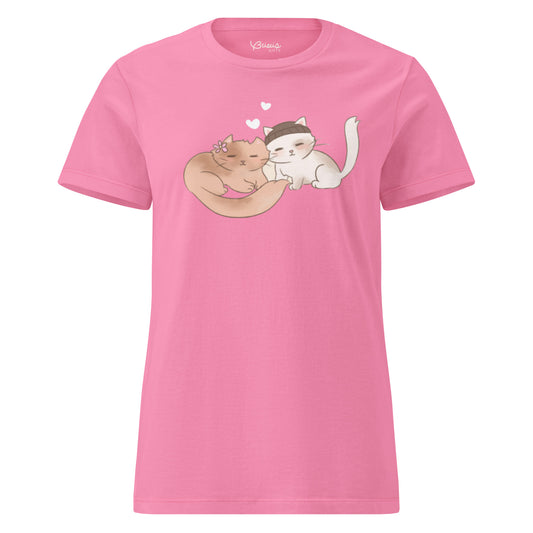 Cat love hand-drawn art women's t-shirt, front view, by Briseis Gifts