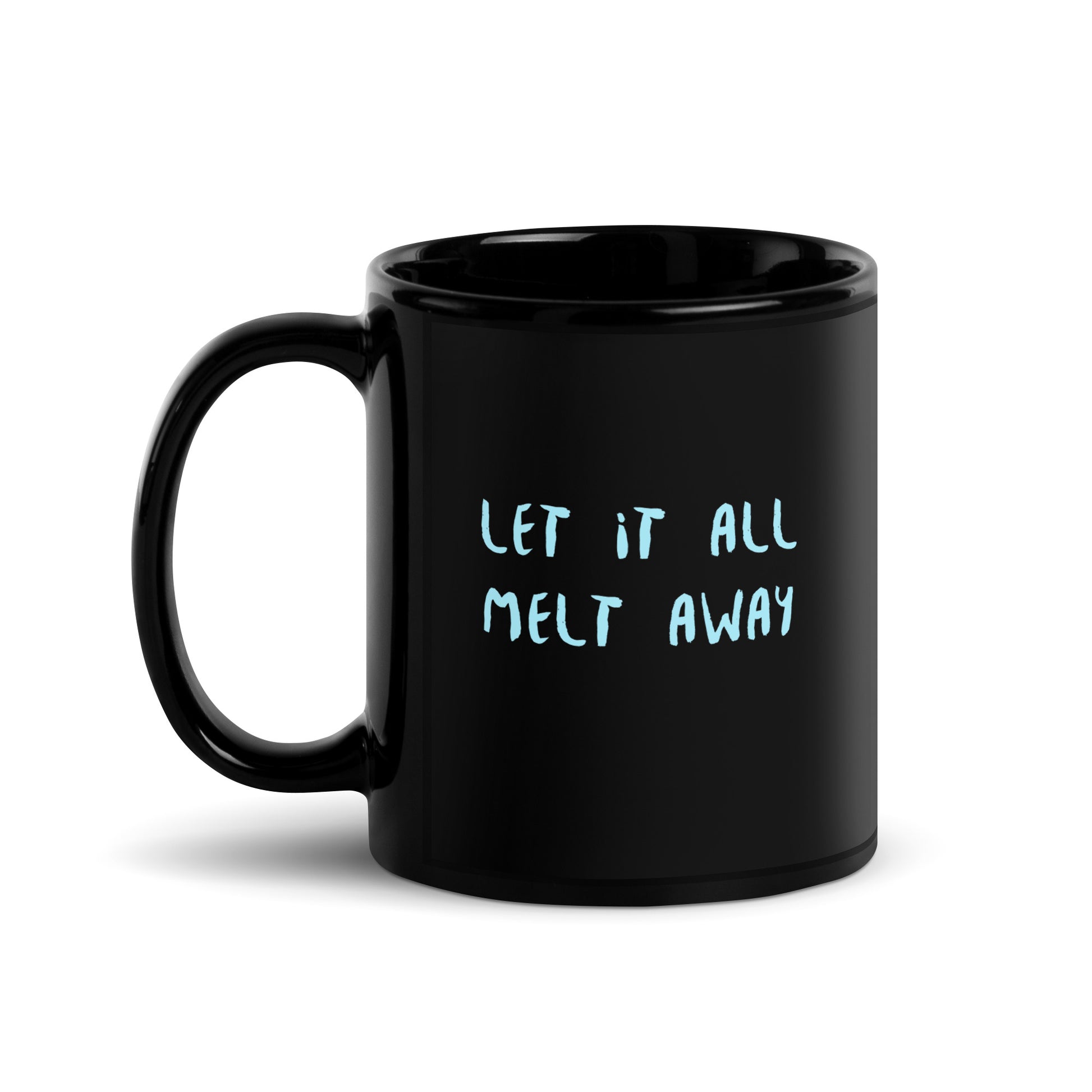 Melting away mushrooms hand-drawn art black ceramic mug, statement side, by Briseis Gifts