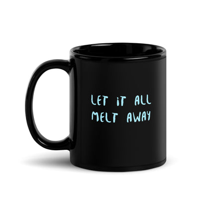 Melting away mushrooms hand-drawn art black ceramic mug, statement side, by Briseis Gifts