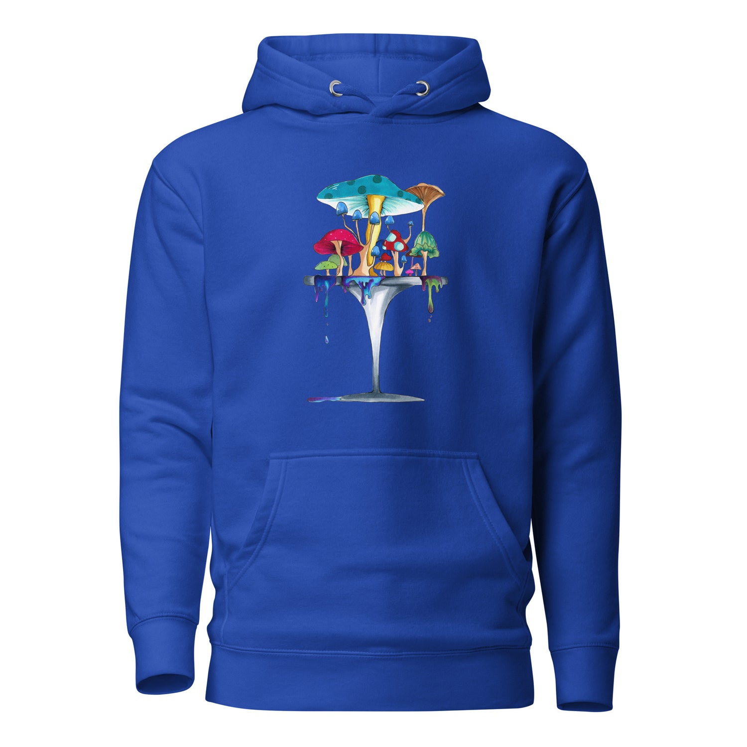 Melting away mushroom hand-drawn art blue hoodie front view