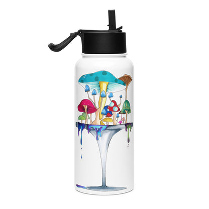 Melting away mushrooms hand-drawn art stainless steel water bottle with straw, back, by Briseis Gifts