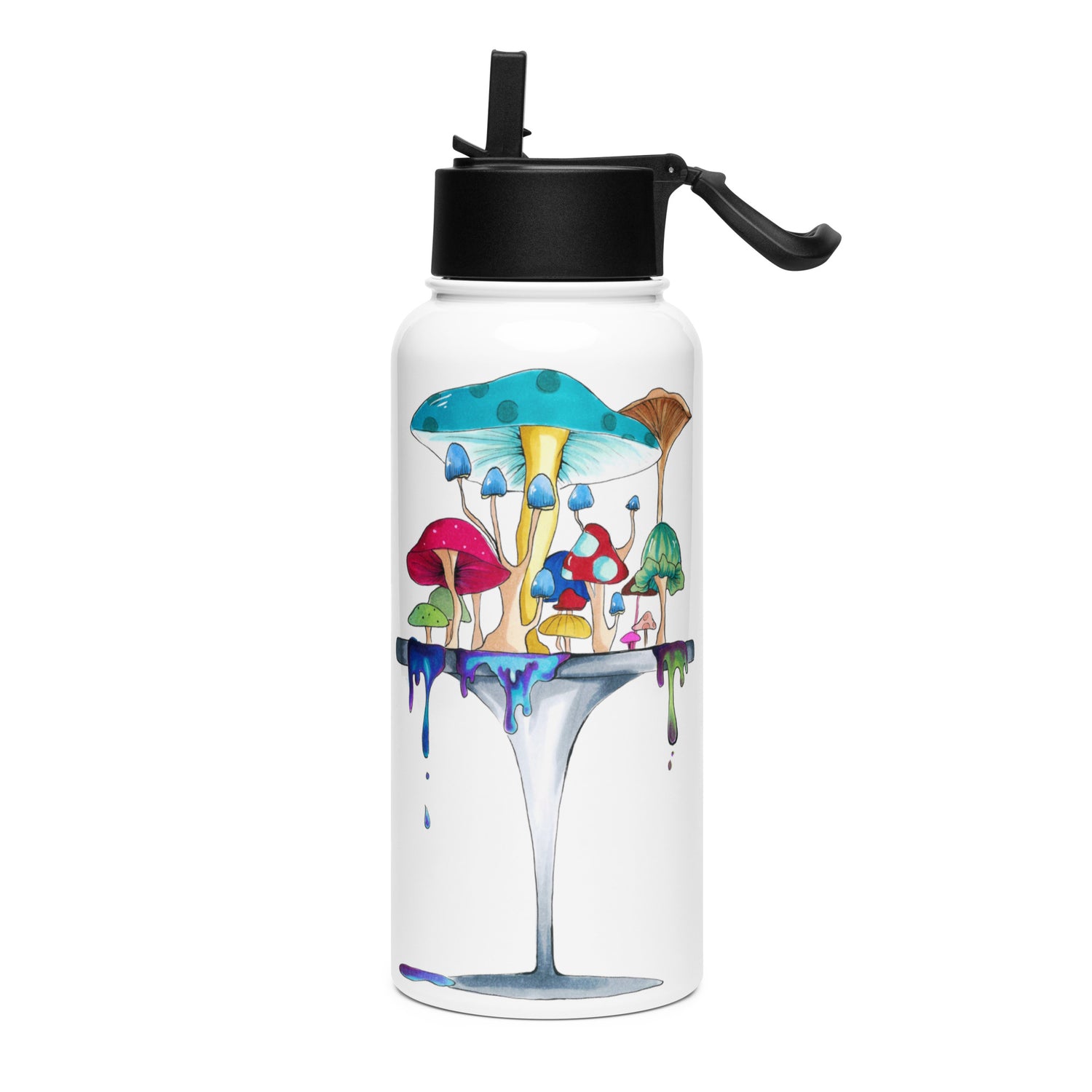 Melting away mushrooms hand-drawn art stainless steel water bottle with straw, front, by Briseis Gifts