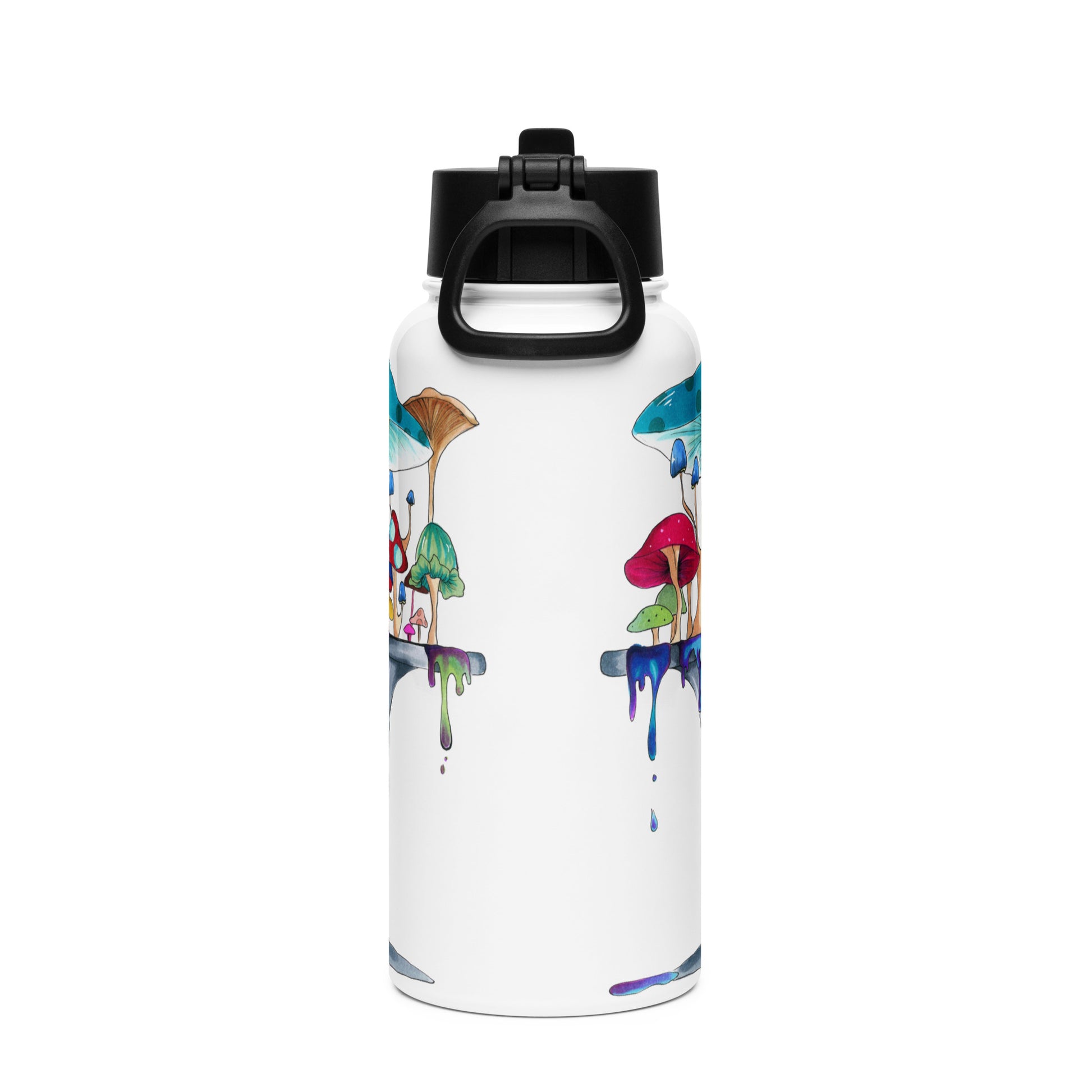 Melting away mushrooms hand-drawn art stainless steel water bottle with straw, left, by Briseis Gifts