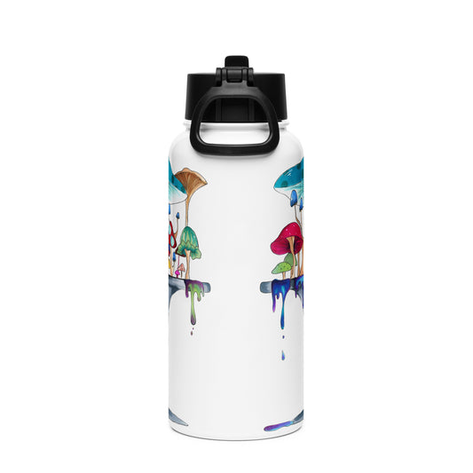 Melting away mushrooms hand-drawn art stainless steel water bottle with straw, left, by Briseis Gifts