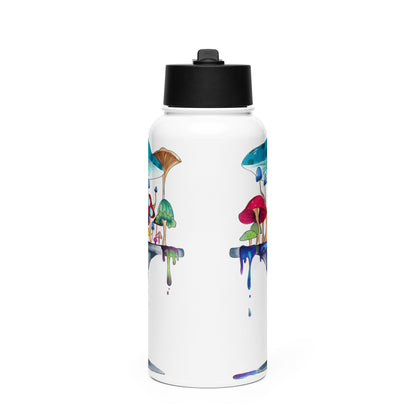 Melting away mushrooms hand-drawn art stainless steel water bottle with straw, right, by Briseis Gifts
