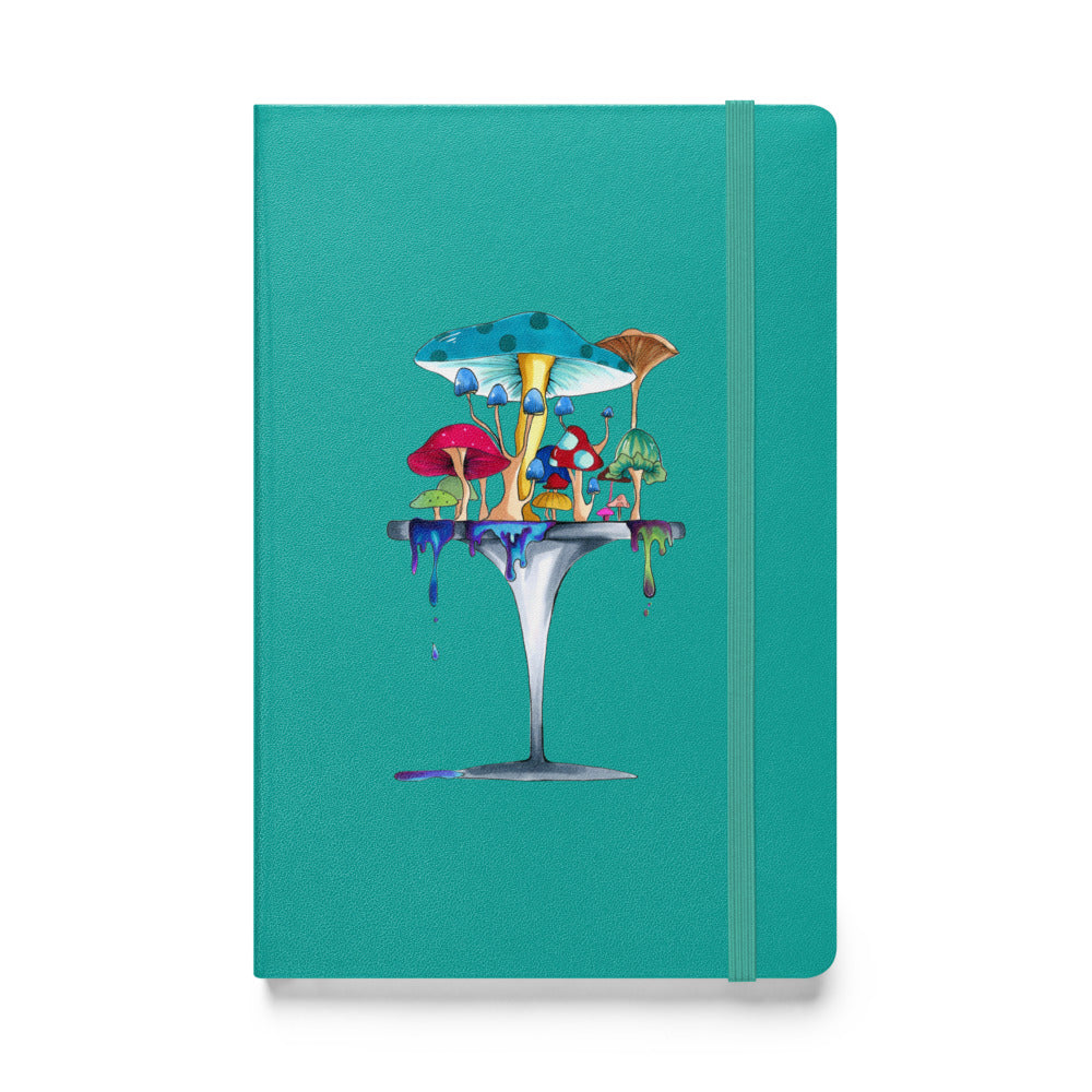 Melt away mushrooms hand-drawn art turquoise notebook journal, front view, by Briseis Gifts
